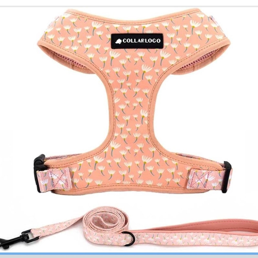 Coowone Peach Floral Dog Harness and Leash Set, Size Medium